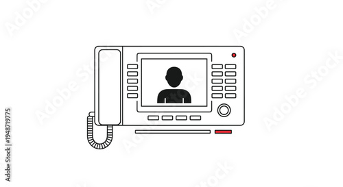 Simple black and white line illustration of a wall-mounted video intercom system showing a visitor on the screen.