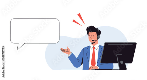 Friendly customer support male agent with a headset talking next to a computer monitor and a blank message speech bubble.