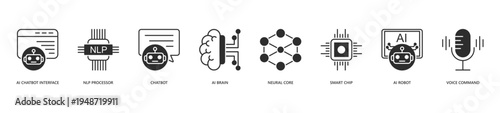 AI Agent Icon Set. Icon set includes Ai Chatbot Interface, Nlp Processor, Chatbot, Ai Brain, Neural Core, Smart Chip, Ai Robot, Voice Command.