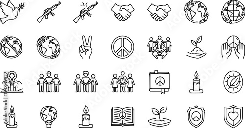 Peace and Anti-War Line Icons Set: Featuring symbols of global harmony, human rights, community, nature, and justice in a clean outline style.