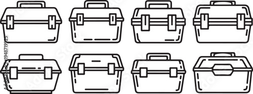 Variety of toolboxes with different handle and latch designs illustrated in black and white Vector