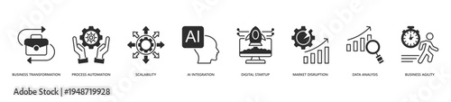 Business Transformation Icon Set. Icon set includes Business Transformation, Process Automation, Scalability, Ai Integration, Digital Startup, Market Disruption, Data Analysis, Business Agility.