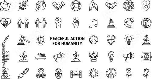 Peaceful Action for Humanity Icons Set - Line art symbols for social justice, human rights, activism, education, and global peace concepts.