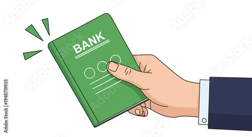 Person's hand in a suit sleeve holding a green bank passbook with Japanese yen symbols and exclamation marks.