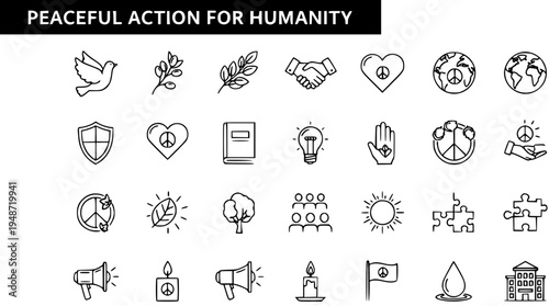 Peaceful Action for Humanity Icons: Set of outlined symbols representing peace, unity, global harmony, activism, environment, hope, and community.