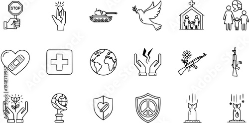 Peace, War  Social Issues Line Icons Set: Family, Healthcare, Protection, Conflict, Hope. Hand-drawn illustrations for modern design.