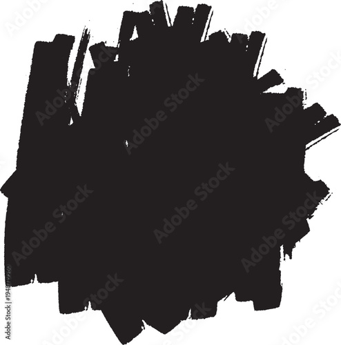 Abstract black paint blot with rough texture and brush marks, isolated on white background