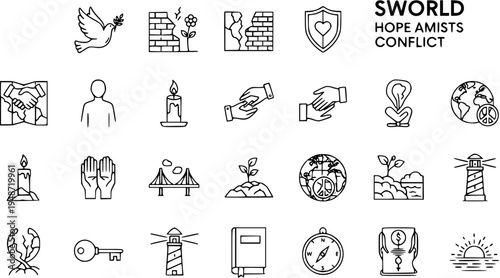 Line Icons for Hope, Peace, and Unity Amidst Conflict. Featuring symbols of global harmony, resilience, new beginnings, support, and guidance.