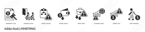 Business Failure Icon Set. Icon set includes Bankruptcy Law, Company Layoff, Project Failure, Budget Deficit, Profit Drop, Economic Crisis, Market Loss, Debt Overload.