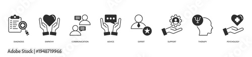 Counseling Icon Set. Icon set includes Diagnosis, Empathy, Communication, Advice, Expert, Support, Therapy, Psychology.