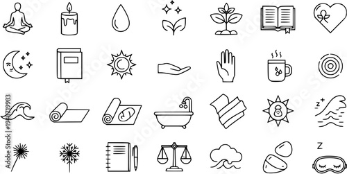Set of Minimalist Line Art Icons for Wellness, Mindfulness, Self-Care, Health, Relaxation, and Nature Concepts on White Background
