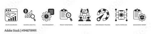 Online Business Management Icon Set. Icon set includes Online Dashboard, Business Analytics, Task Management, Project Monitoring, Team Collaboration, Performance Tracking, Digital Workflow.