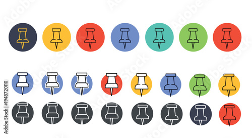 Large set of colorful pushpin and thumbtack icons in various styles including solid circles and thin black outlines.