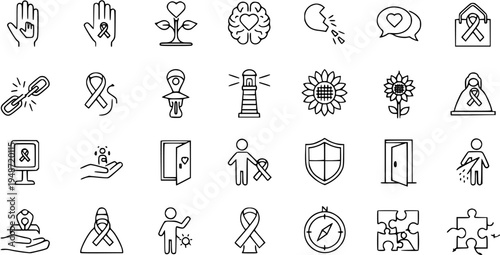 Diverse Icons Representing Hope, Support, Health, and Awareness - Cancer and Disease Symbols