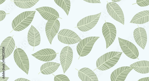 Soft seamless pattern of detailed green leaves with visible veins arranged overlappingly on a light blue background.