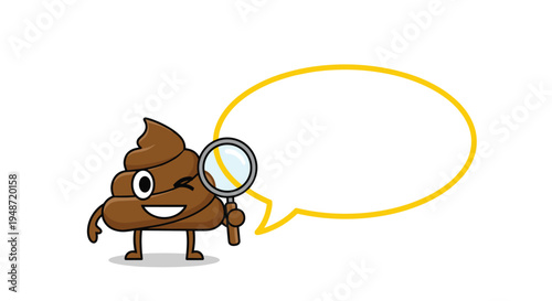 Cartoon brown poop emoji character holding a magnifying glass next to a large blank yellow speech bubble.