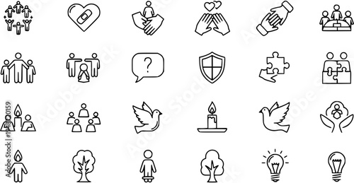 Line art icons set: community, help, care, peace, ideas, protection. Outline symbols representing social support, solutions, unity, and enlightenment.