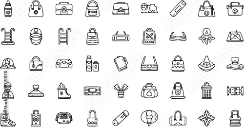 Outline Icons Set for Travel, Vacation, Shopping, and Fashion. Hand-Drawn Doodle Vector Collection of Holiday, Camping  Personal Item Symbols.