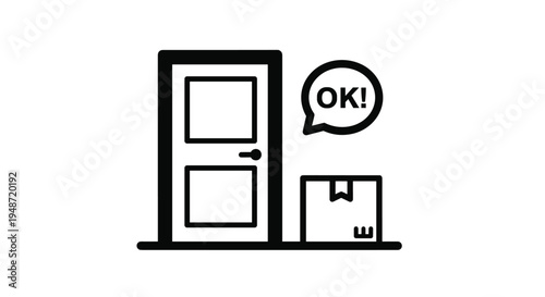 Black and white icon of a cardboard box left at a front door with an OK speech bubble for confirmation.