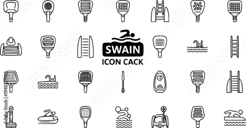 Padel and Swimming Line Icons Set: Vector Collection of Sport Paddles, Racquets, Swimmers, Pools, and Water Activities Equipment
