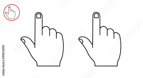 Black and white line drawing of a hand with the index finger pointing upwards repeated twice with a small icon above.