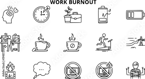 Work Burnout Icons: Stress, Overwork, Exhaustion, and Self-Care Symbols