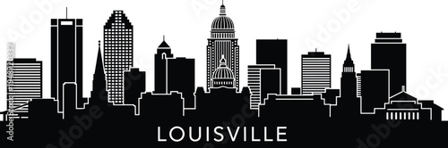 Black and white silhouette illustration of Louisville city skyline featuring iconic buildings and landmarks with bold typography for urban design, travel, and promotional projects