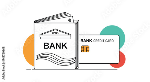 Bank passbook and credit card illustration represents financial services and personal banking concepts with a simple flat graphic style.