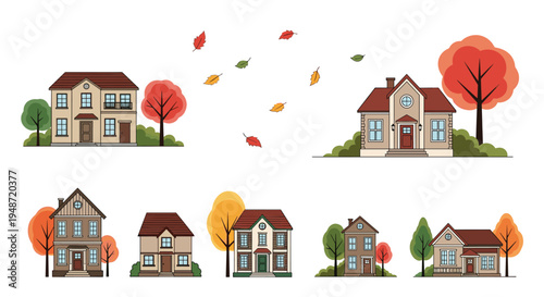 Set of suburban houses with autumn trees and falling leaves depicts seasonal neighborhood scenes for real estate and architectural projects.