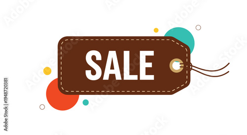 Brown sale tag with white text surrounded by colorful geometric circles symbolizes retail promotions and shopping discounts for marketing.