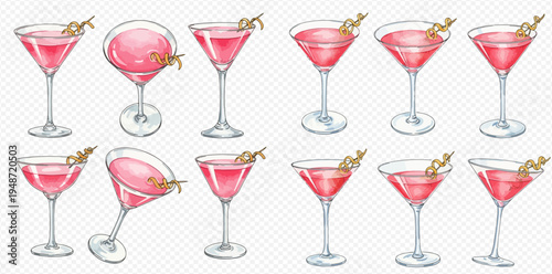 Set of pink cocktail drinks in various martini glasses with garnish, watercolor illustration.