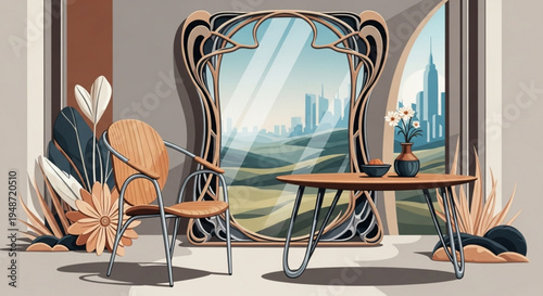 Modern living room interior with chair table and ornate mirror reflecting cityscape and landscape