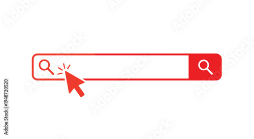 Red search bar with a magnifying glass icon and a clicking cursor represents online information retrieval and digital exploration actions.