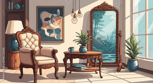 Cozy living room interior with armchair coffee table mirror plants and abstract art in soft natural light