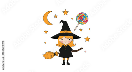Cute little witch character with a broom and stars celebrates halloween alongside a colorful lollipop and a golden crescent moon icon.