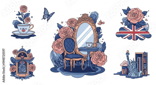 Whimsical floral illustrations with british symbols and vintage furniture