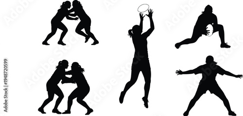 Silhouette illustration of athletes in dynamic sports actions including wrestling, rugby, ultimate Frisbee, and blocking poses symbolizing competition, fitness, and athletic design projects