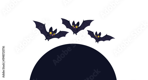 Three dark bats fly above a large circular silhouette to create a spooky night scene for halloween or gothic themed creative projects.