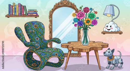 Colorful room interior with dog floral vase mirror chair and shelves