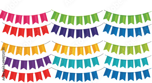 Multiple strings of colorful hanging banners and bunting flags provide a variety of decorative options for festive events and celebrations.