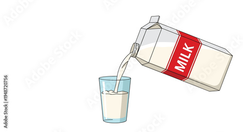 Milk carton pours fresh white milk into a glass against a plain white background illustrating healthy dairy consumption and breakfast.