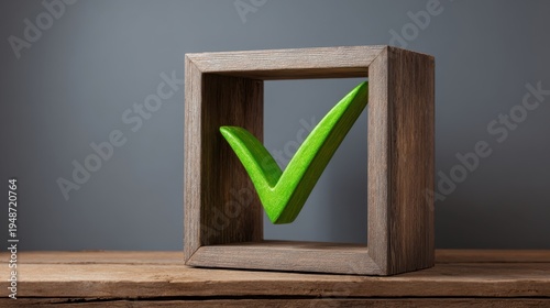Wallpaper Mural The green checkmark framed in a rustic wooden cube on a desk Torontodigital.ca