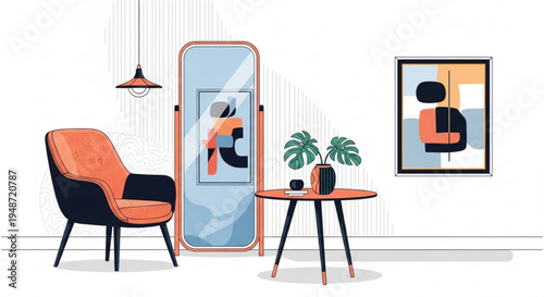 Modern living room interior with orange chair table mirror and artwork on white wall background