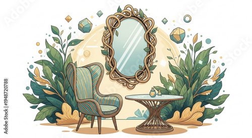 Vintage chair and table with ornate mirror surrounded by lush greenery and decorative elements in a cozy atmosphere