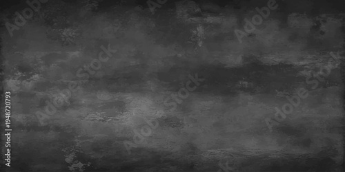An old dark grunge wall background features a vintage gray textured surface with a blank black paper pattern and a dirty chalkboard backdrop design