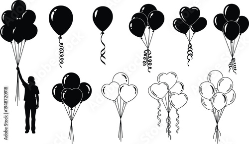 Silhouette illustration of balloons in various groupings and shapes including heart designs and curly strings symbolizing celebration, party, and decoration for creative projects