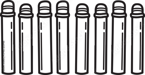Eight cylindrical containers with screw-on caps lined up in a row Vector