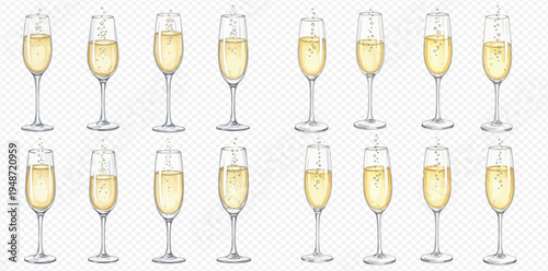 Set of champagne glasses with sparkling wine and bubbles, perfect for celebrations and special occasions.