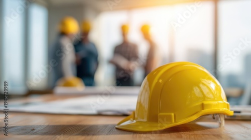 Wallpaper Mural The yellow hard hat on table with blurred construction team meeting in background Torontodigital.ca