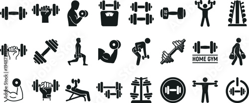 Professional set of dumbbell-themed icons and silhouettes. Includes various dumbbell designs, hands gripping weights, gym equipment racks, and athletes performing bicep curls, bench presses, and lunge